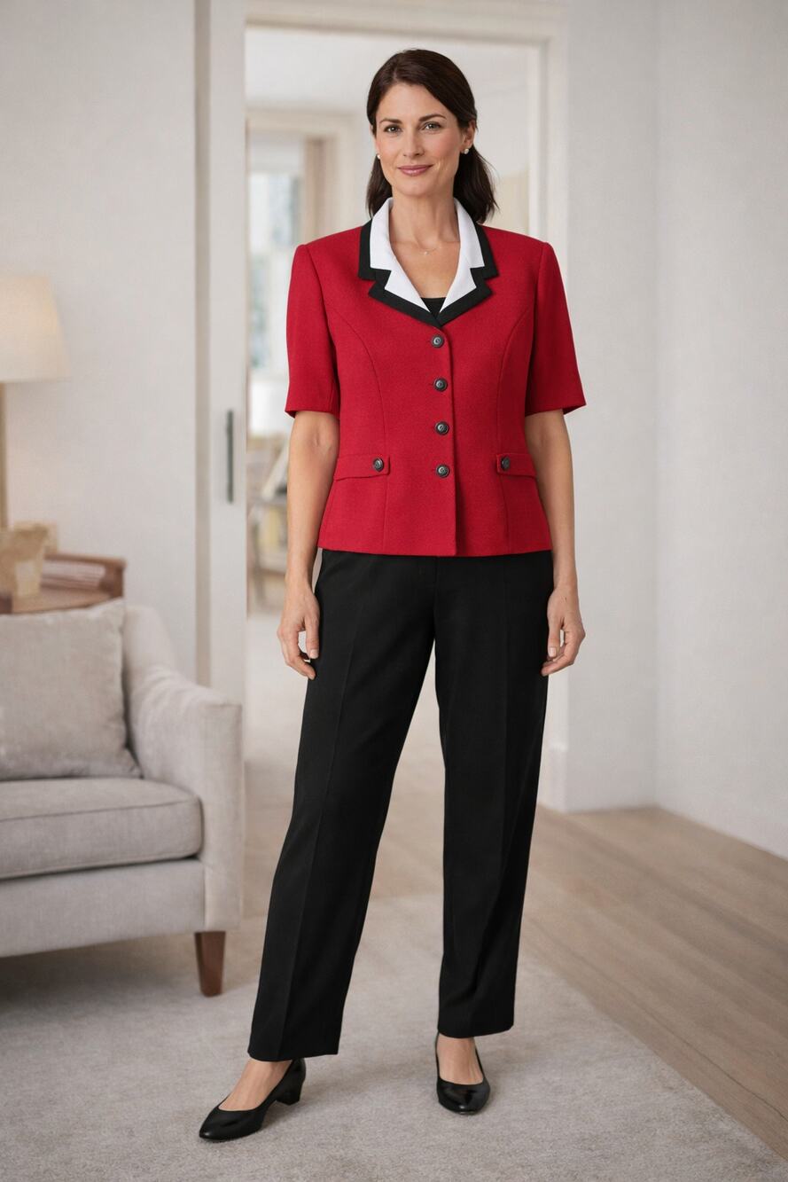 Vintage Red Black Pantsuit 2 Piece Suit Contrast Trim Office Siren Womens Medium